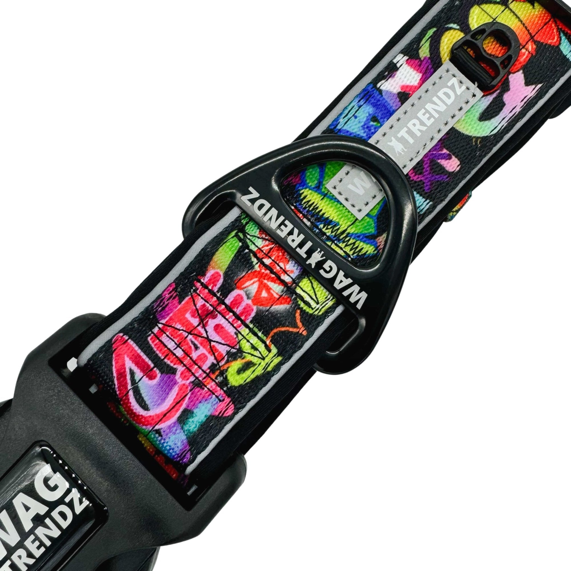 Reflective Dog Collar - Multicolored Street Graffiti Reflective Dog Collar - close up view - against solid white background - Wag Trendz