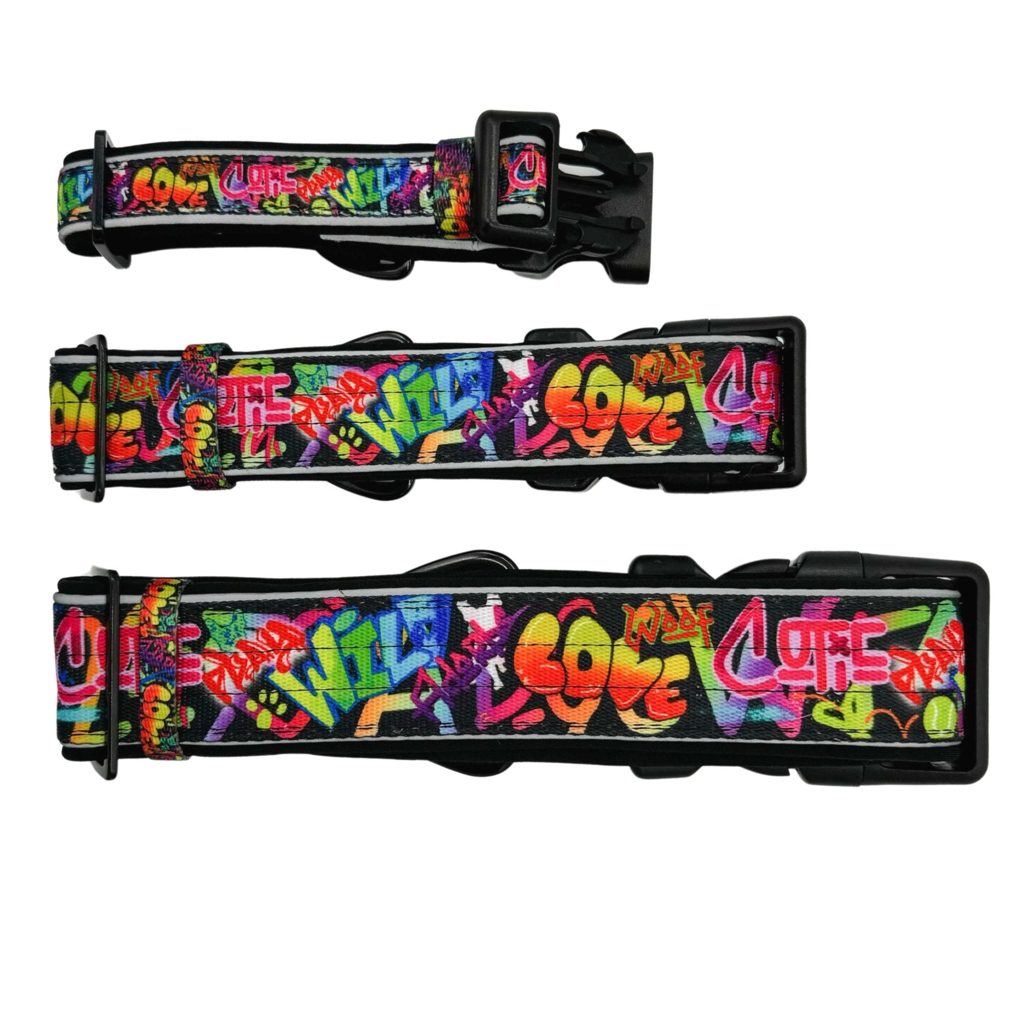 Reflective Dog Collar - Multicolored Street Graffiti Reflective Dog Collar in Small, Medium and large - back view - against solid white background - Wag Trendz