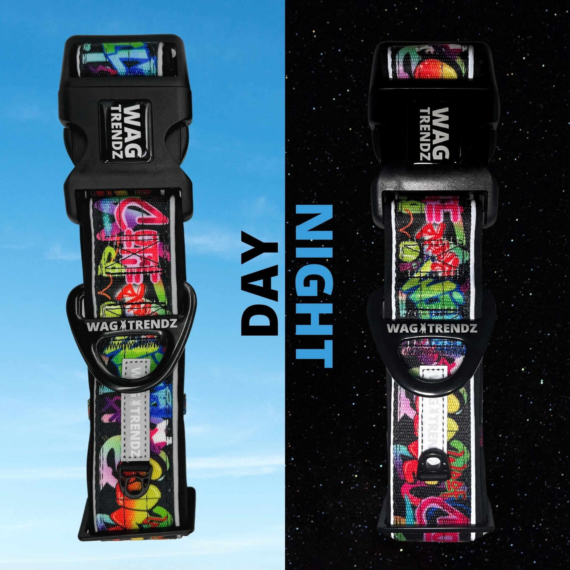 Reflective Dog Collar - in multicolored Street Graffiti - split photo showing reflective dog collar during the day and the reflective aspect of the dog collar at night - Wag Trendz