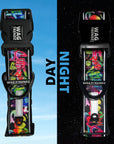 Reflective Dog Collar - in multicolored Street Graffiti - split photo showing reflective dog collar during the day and the reflective aspect of the dog collar at night - Wag Trendz