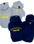 Dog hoodie - Hoodies For Dogs - "Sunny Days" dog hoodies in gray and black sets - back view says Sunny Days in yellow and front view has a modern yellow sunshine emoji - against solid white background - Wag Trendz
