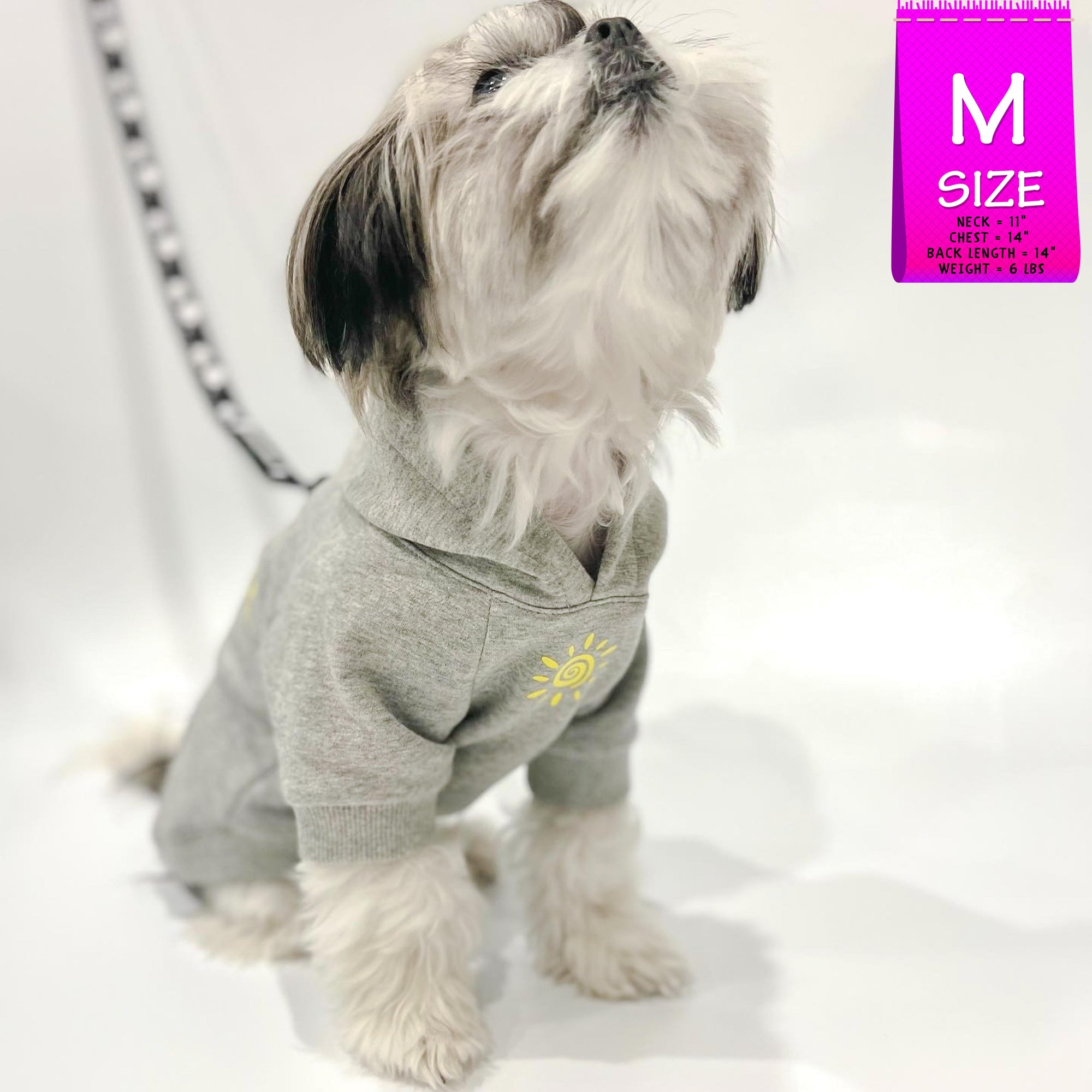 Dog hoodie - Hoodies For Dogs - Shih Tzu looking up wearing &quot;Sunny Days&quot; dog hoodie in gray - front view with modern yellow sunshine emoji and dog leash attached through leash hole - against solid white background - Wag Trendz