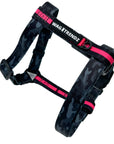 H Dog Harness - Roman Dog Harness - Large Black and gray camo harness with bold hot pink accents - against solid white background - Wag Trendz