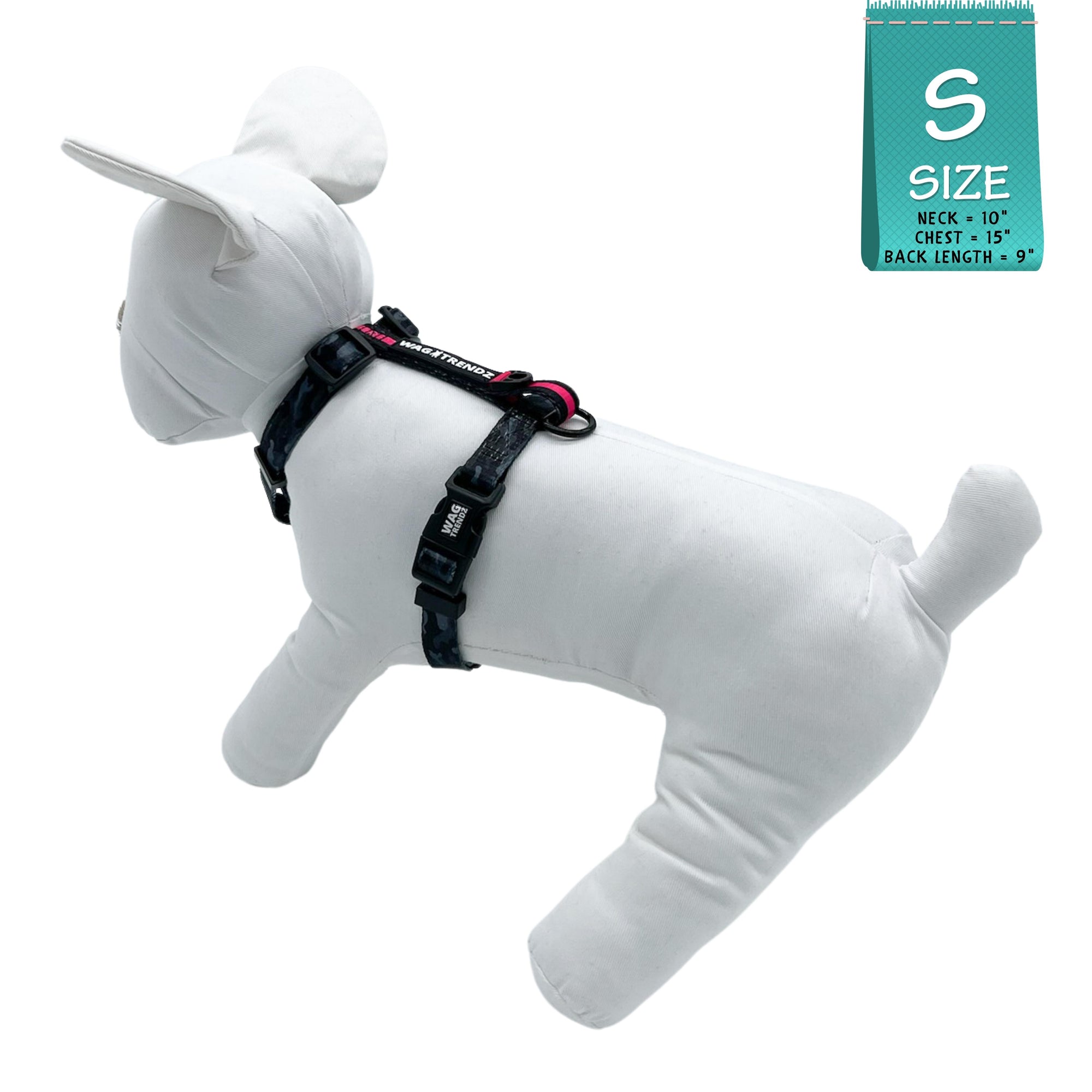 H Dog Harness - Roman Dog Harness - stuffed white dog wearing small black and gray camo dog strap harness with bold hot pink accents - against solid white background - side view - Wag Trendz