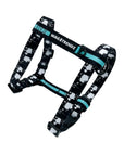 H Dog Harness - Roman Dog Harness - large black with white paint splatter and teal accents - against solid white background - Wag Trendz