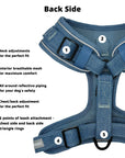 Denim Dog Harness - Reflective and No Pull - Downtown Denim Dog Harness with Reflective Accents -with product feature captions of the back side of harness - against solid white background - Wag Trendz