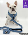 Denim Dog Harness - Reflective and No Pull - French Bulldog wearing a large Downtown Denim Dog Harness with reflective accents and matching leash and poop bag holder attached - against solid white background - Wag Trendz