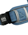 Denim Dog Harness - Reflective and No Pull - Downtown Denim Dog Harness with Reflective Accents - close-up of buckle and reflective accents - against solid white background - Wag Trendz