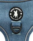 Denim Dog Harness - Reflective and No Pull - Downtown Denim Dog Harness with Reflective Accents -close up of chest side no pull leash attachment - against solid white background - Wag Trendz