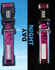 Dog Collar and Leash Set - dog collar in Bandana Boujee Hot Pink  - split photo showing dog collar during the Day and the reflective on the dog collar at Night - Wag Trendz