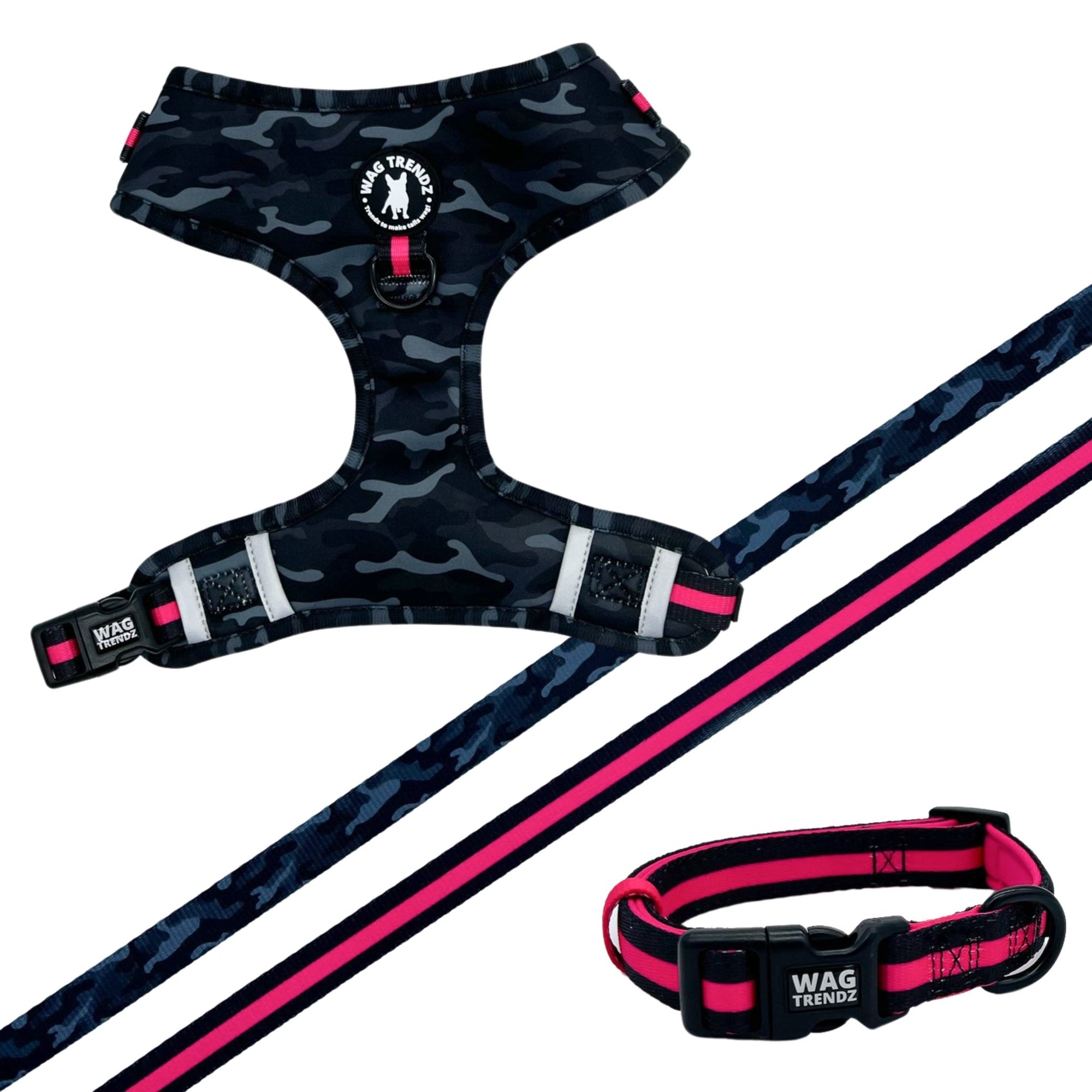 Dog Collar Harness and Leash Set - Dog Adjustable Harness, matching Dog Collar and Leash in black &amp; gray camo with hot pink accents - against solid white background - Wag Trendz