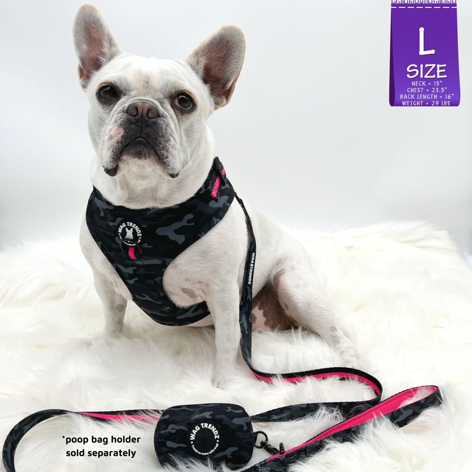 Dog Collar Harness and Leash Set - French Bulldog wearing L Dog Adjustable Harness with matching Dog Leash and Poo Bag Holder in black &amp; gray camo with hot pink accents - against solid white background - Wag Trendz
