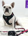 Dog Collar Harness and Leash Set - French Bulldog wearing L Dog Adjustable Harness with matching Dog Leash and Poo Bag Holder in black & gray camo with hot pink accents - against solid white background - Wag Trendz