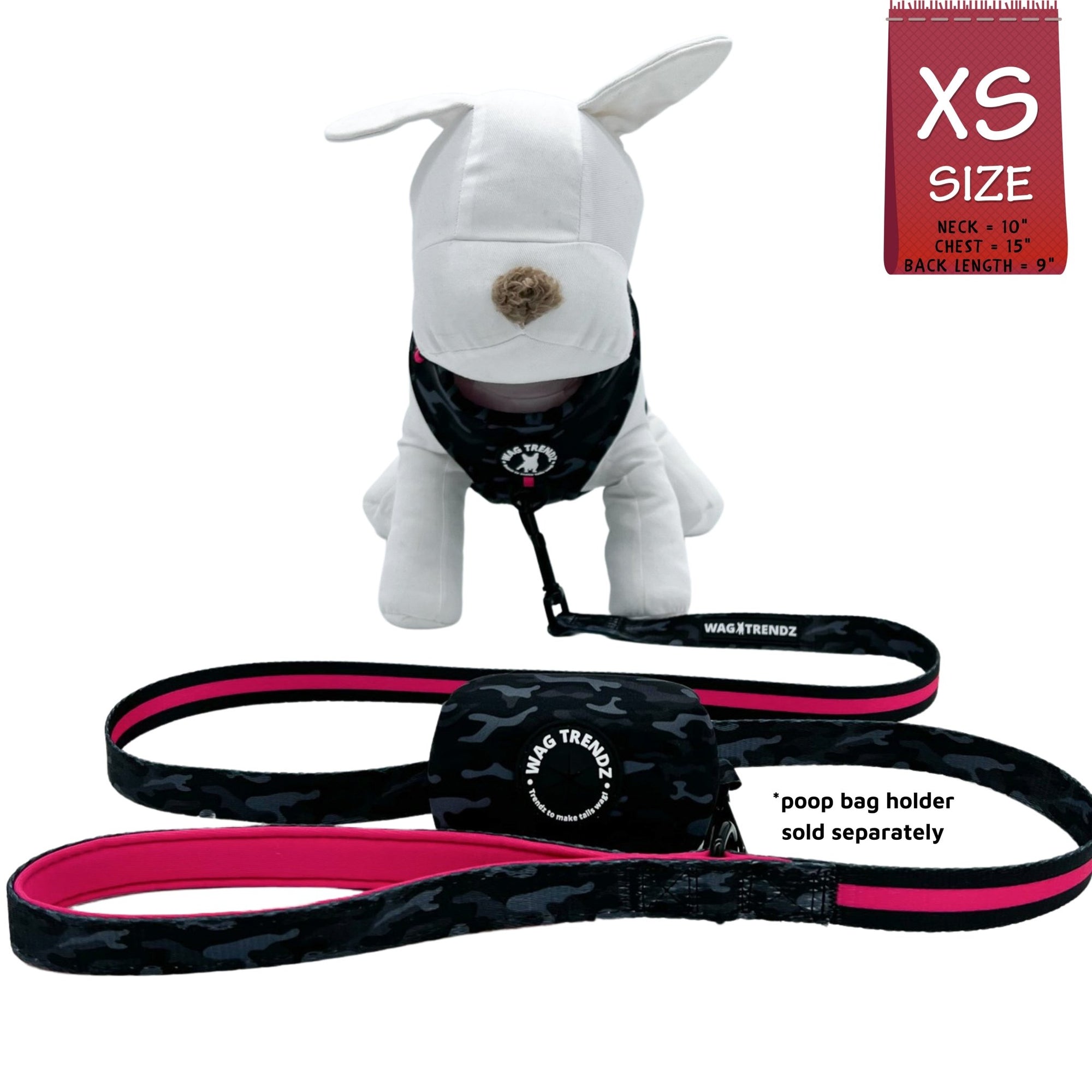 Dog Collar Harness and Leash Set - Small Dog wearing XS Dog Adjustable Harness, matching Dog Leash and Poo Bag Holder in black &amp; gray camo with hot pink accents - against solid white background - Wag Trendz