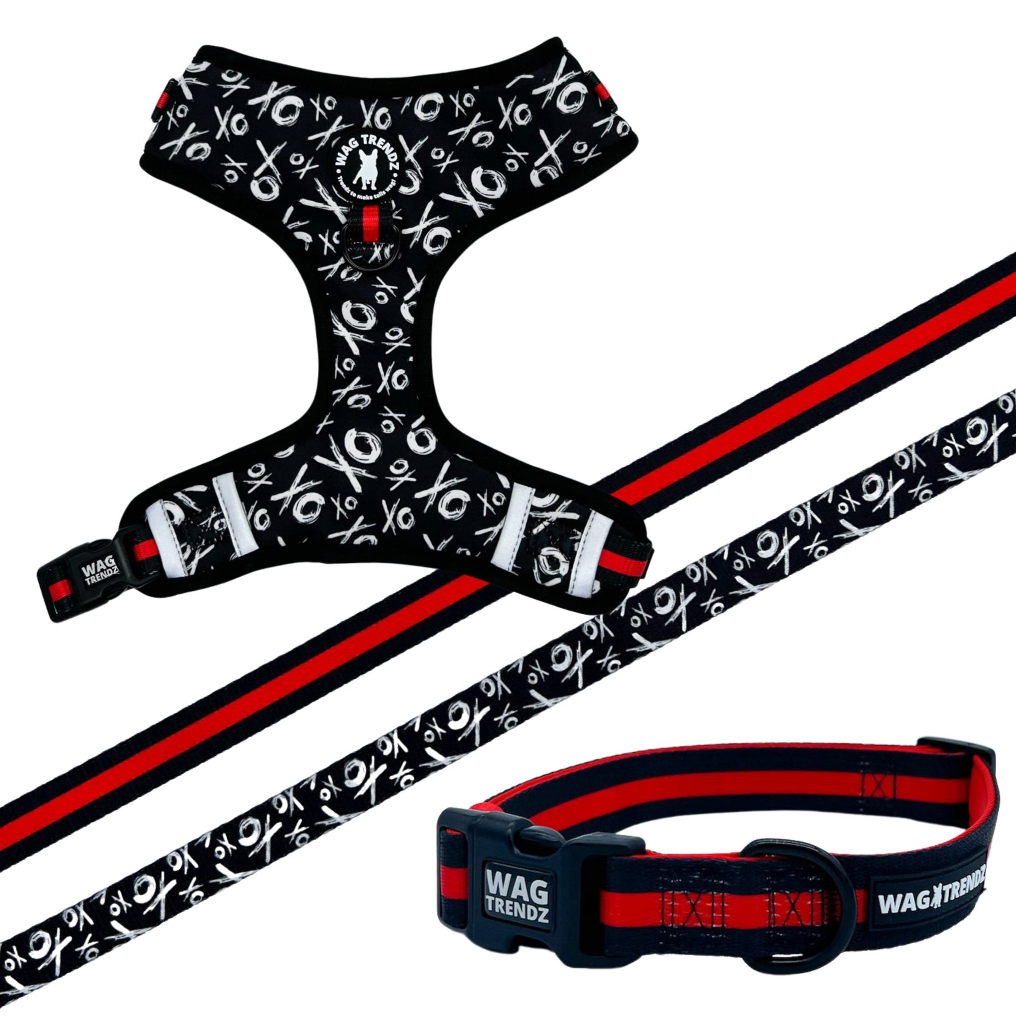 Dog Collar Harness and Leash Set - Dog Adjustable Harness in black and white XO&#39;s with bold Red accents with matching dog leash and collar - against solid white background - Wag Trendz
