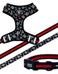 Dog Collar Harness and Leash Set - Dog Adjustable Harness in black and white XO's with bold Red accents with matching dog leash and collar - against solid white background - Wag Trendz