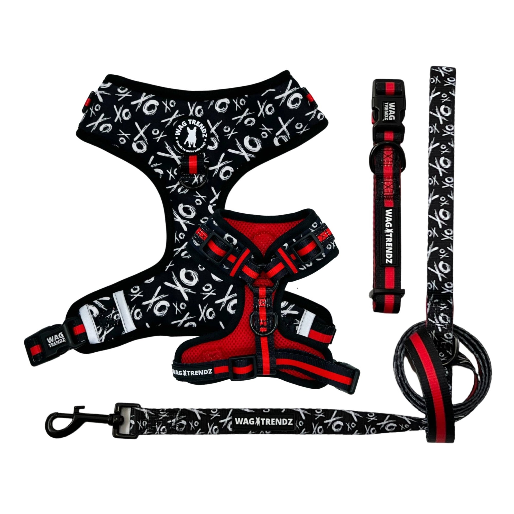 Dog Collar Harness and Leash Set - Dog Adjustable Harness, Collar and Leash in Black and White XO&#39;s with bold Red stripe - solid white background - Wag Trendz