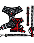 Dog Collar Harness and Leash Set - Dog Adjustable Harness, Collar and Leash in Black and White XO's with bold Red stripe - solid white background - Wag Trendz