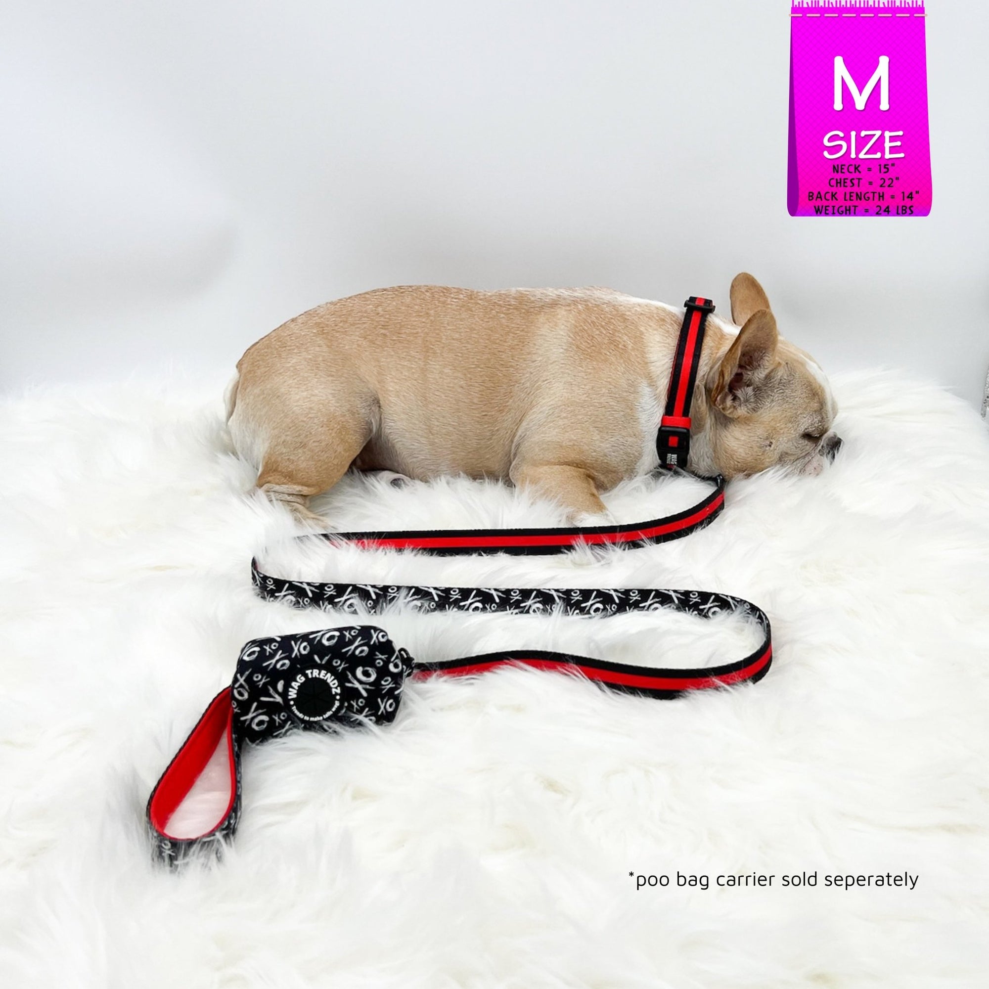 Dog Collar Harness and Leash Set - French Bulldog wearing Dog Collar in black and white XO&#39;s with bold red accents - with matching leash and Poop Bag Holder - against solid white background - Wag Trendz