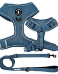 Dog Harness and Leash - Downtown Denim Dog Harness and Leash - chest and back view - against solid white background - Wag Trendz