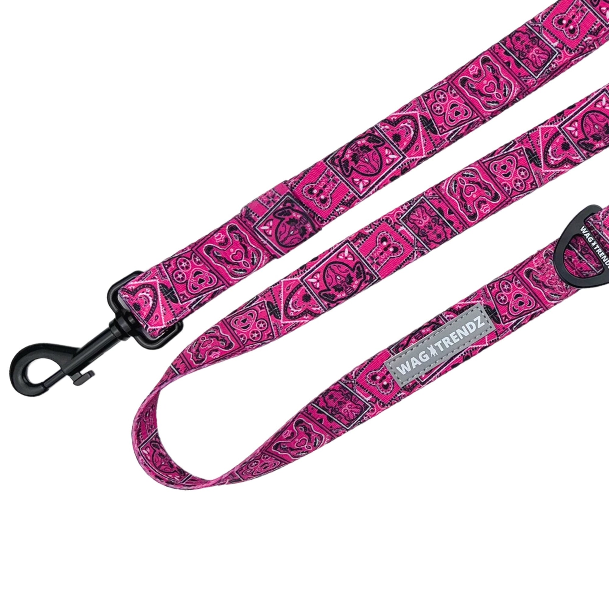 Dog Harness and Leash Set - Bandana Boujee Dog Leash in Hot Pink with Denim Accents - against solid white background - Wag Trendz