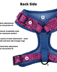 Dog Harness and Leash Set - Bandana Boujee Dog Harness in Hot Pink with Denim Accents - back side with product feature captions - against solid white background - Wag Trendz