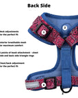 Dog Harness and Leash Set - Bandana Boujee Dog Harness in Red with Denim Accents - back side with product feature captions - against solid white background - Wag Trendz
