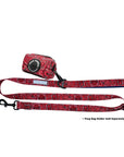 Dog Harness and Leash Set - Bandana Boujee Dog Leash in Red with Denim Accents attached to matching Poo Bag Holder - against solid white background - Wag Trendz