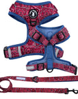 Dog Harness and Leash Set - Bandana Boujee Dog Harness and Leash in Red with Denim Accents - against solid white background - Wag Trendz
