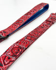 Dog Harness and Leash Set - Bandana Boujee Dog Leash in Red with Denim Accents - against solid white background - Wag Trendz