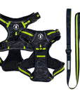 Dog Harness and Leash Set - black and gray camo no pull harness with hi vis accents and matching adjustable dog leash to the right side - against solid white background - Wag Trendz