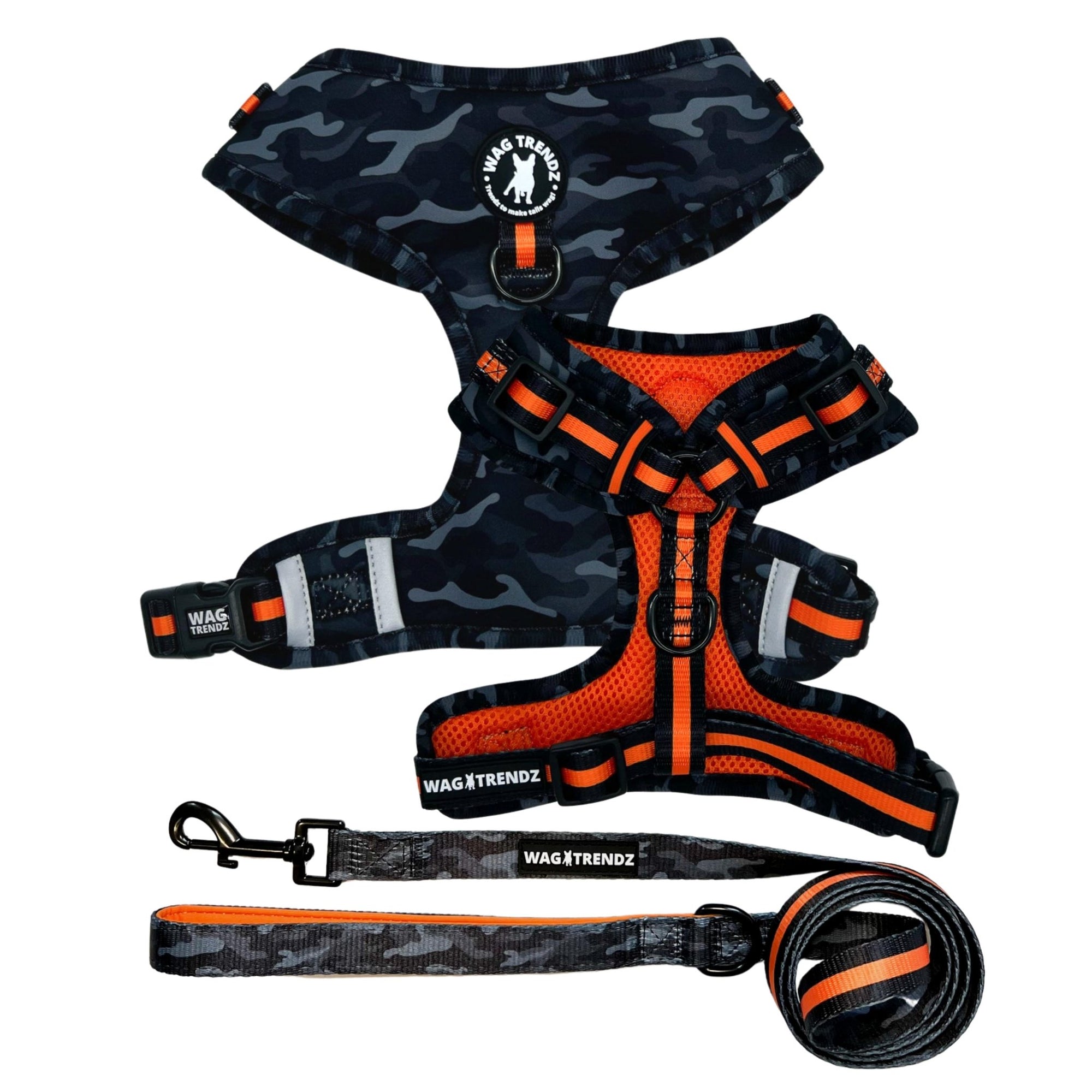 Dog Harness and Leash Set - Black &amp; Gray camo dog harness with Orange Accents and Matching Dog Leash - against solid white background - Wag Trendz