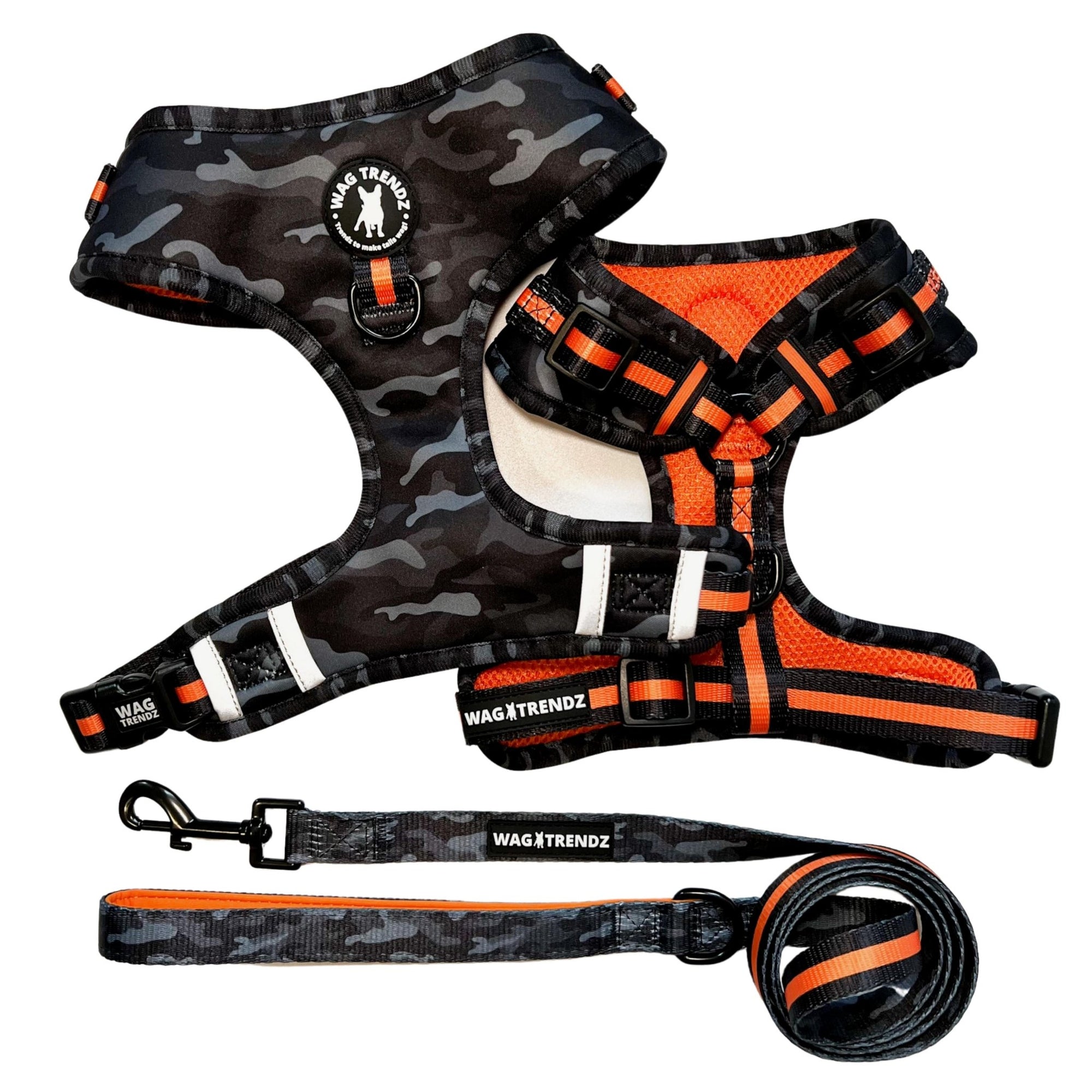 Dog Harness and Leash Set - Black &amp; Gray camo dog harness with Orange Accents and Matching Dog Leash - against solid white background - Wag Trendz