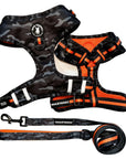 Dog Harness and Leash Set - Black & Gray camo dog harness with Orange Accents and Matching Dog Leash - against solid white background - Wag Trendz