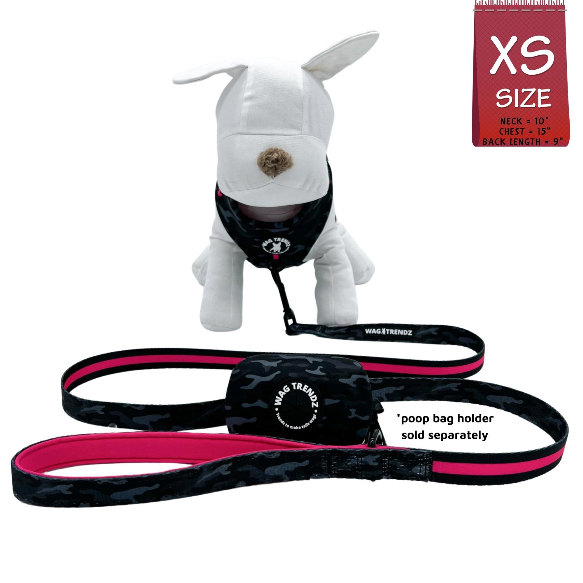 Dog Harness and Leash Set - white stuffed dog wearing black &amp; gray camo dog harness with Pink Accents and Matching Dog Leash and poop bag holder attached - against solid white background - Wag Trendz