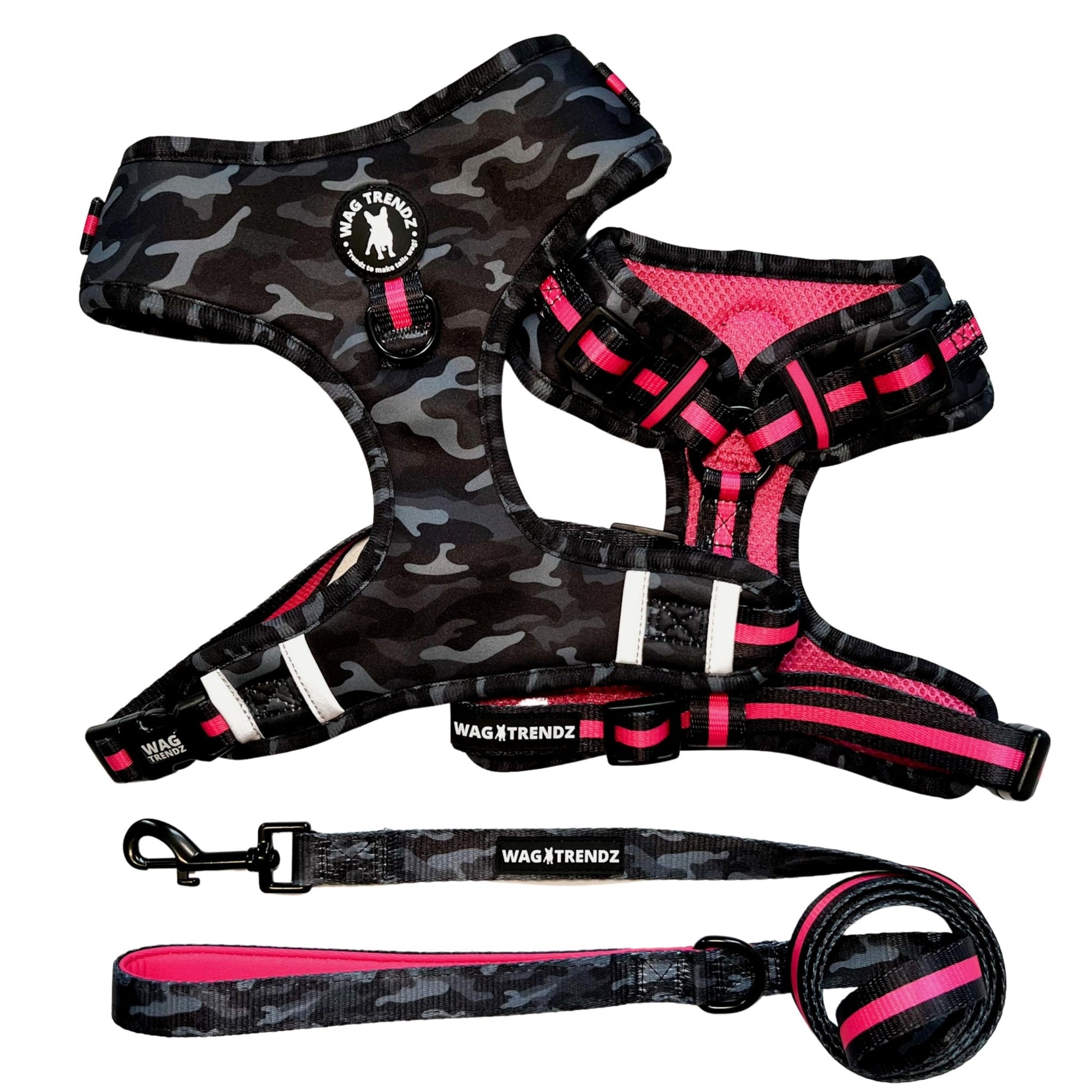 Dog Harness and Leash Set - black &amp; gray camo dog harness with Pink Accents and Matching Dog Leash - against solid white background - Wag Trendz