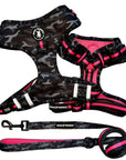 Dog Harness and Leash Set - black & gray camo dog harness with Pink Accents and Matching Dog Leash - against solid white background - Wag Trendz