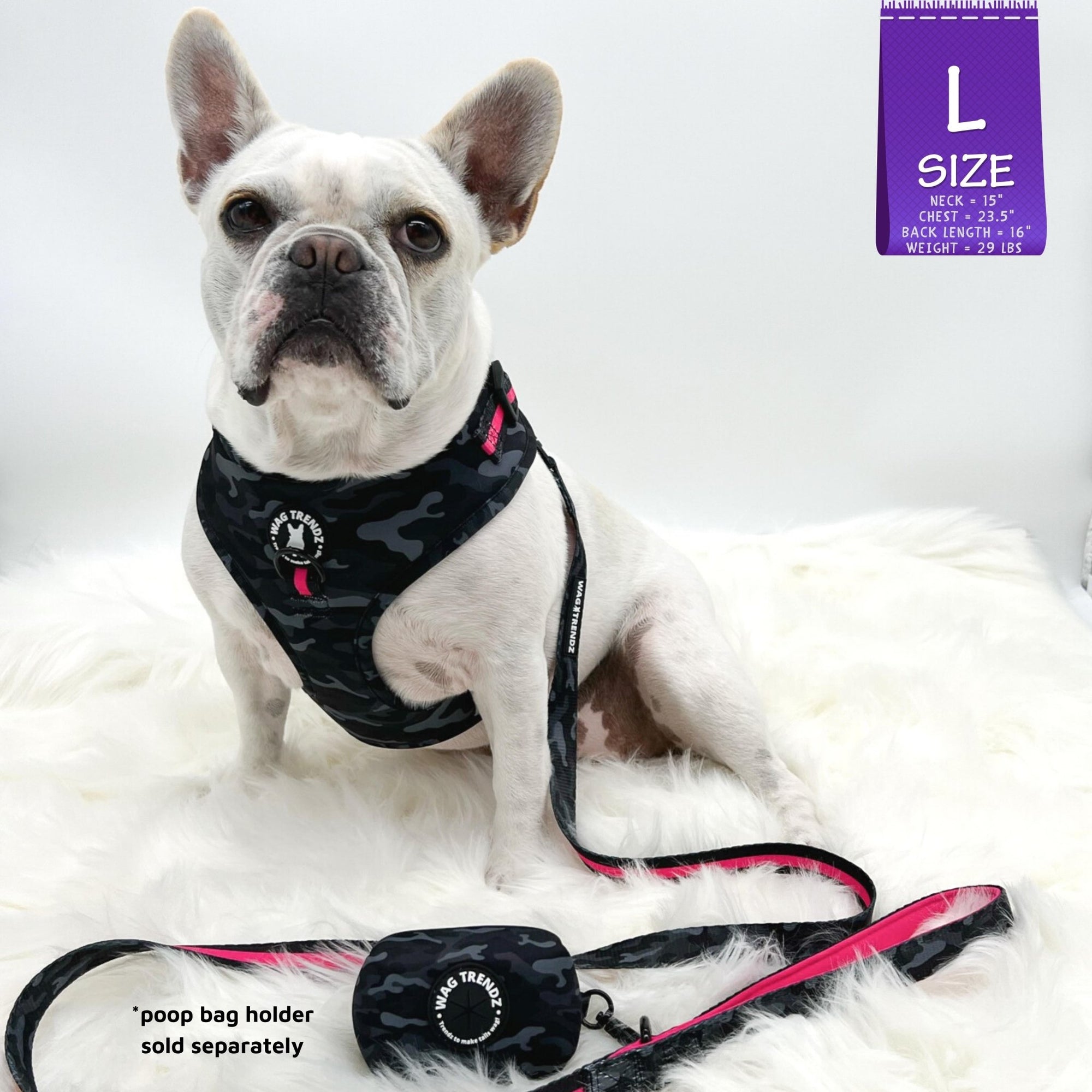 Dog Harness and Leash Set - French Bulldog wearing black &amp; gray camo dog harness with Pink Accents and Matching Dog Leash and poop bag holder attached - against solid white background - Wag Trendz