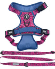 Dog Harness and Leash Set - Bandana Boujee Dog Harness and Adjustable Dog Leash in Hot Pink with Denim Accents - against solid white background - Wag Trendz