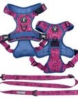 Dog Harness and Leash Set - Bandana Boujee Dog Harness and Matching Leash in Hot Pink  with Denim Accents - against solid white background - Wag Trendz