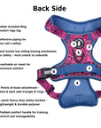Dog Harness and Leash Set - Bandana Boujee Dog Harness in Hot Pink with Denim Accents - back side with product feature captions - against solid white background - Wag Trendz