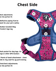 Dog Harness and Leash Set - Bandana Boujee Dog Harness in Hot Pink with Denim Accents - chest side with product feature captions - against solid white background - Wag Trendz