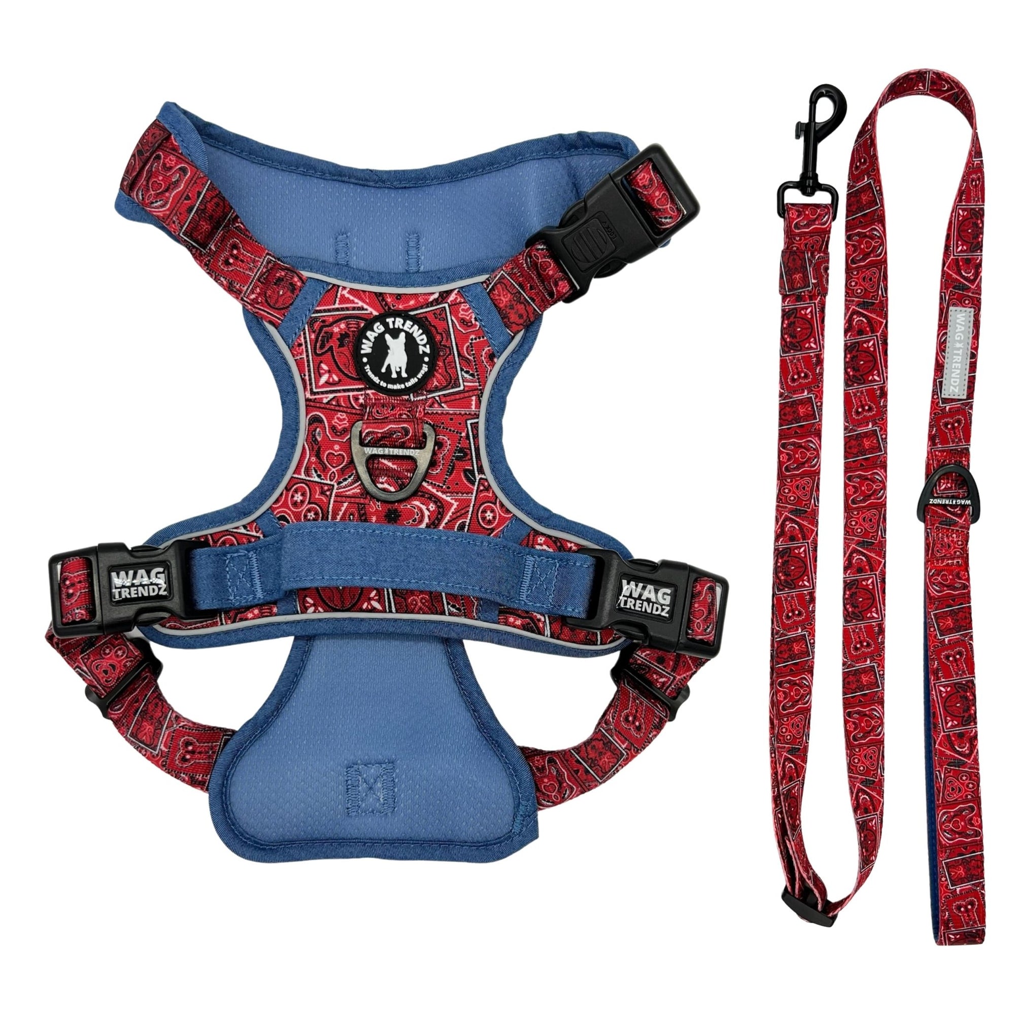 Dog Harness and Leash Set - Bandana Boujee Dog Harness and Adjustable Dog Leash in Red with Denim Accents - against solid white background - Wag Trendz