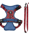 Dog Harness and Leash Set - Bandana Boujee Dog Harness and Adjustable Dog Leash in Red with Denim Accents - against solid white background - Wag Trendz