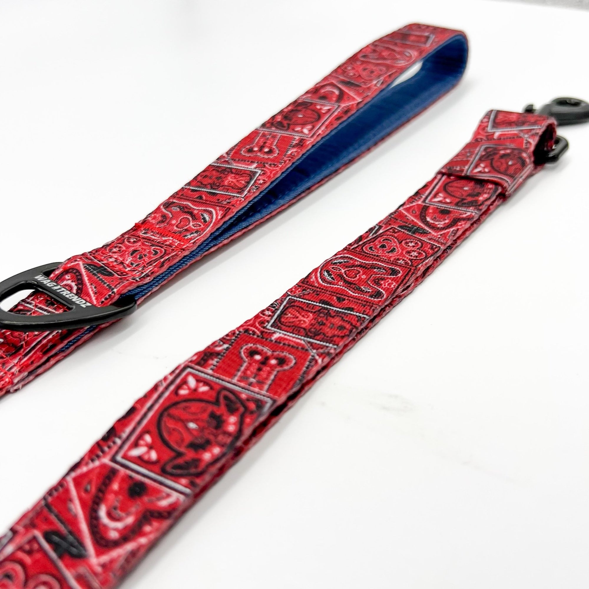 Dog Harness and Leash Set - Bandana Boujee Dog Leash in Red with Denim Accents - against solid white background - Wag Trendz