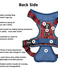 Dog Harness and Leash Set - Bandana Boujee Dog Harness in Red with Denim Accents - back side with product feature captions - against solid white background - Wag Trendz