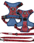 Dog Harness and Leash Set - Bandana Boujee Dog Harness and Adjustable Dog Leash in Red with Denim Accents - against solid white background - Wag Trendz