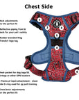 Dog Harness and Leash Set - Bandana Boujee Dog Harness in Red with Denim Accents - chest side with product feature captions - against solid white background - Wag Trendz