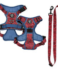 Dog Harness and Leash Set - Bandana Boujee Dog Harness and Adjustable Dog Leash in Red with Denim Accents - against solid white background - Wag Trendz