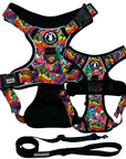 Dog Harness and Leash Set - No Pull - Handle - multi colored Street Graffiti dog harness - chest and backside view - solid black medium adjustable dog leash - against solid white background - Wag Trendz